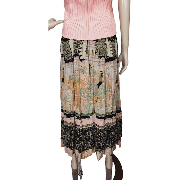 Vintage 80s Elephants People India City Life Tiered Mixed Media Broomstick Skirt - Picture 8 of 14